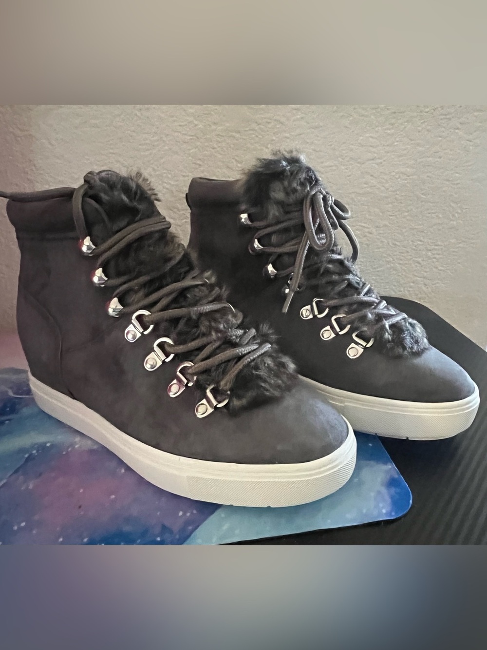 Women's Black Faux-Fur High-Top Sneakers